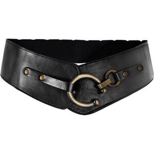 Women's Wide Elastic Waist Belt  Black Vegan Leather Stretch Interlock Buckle